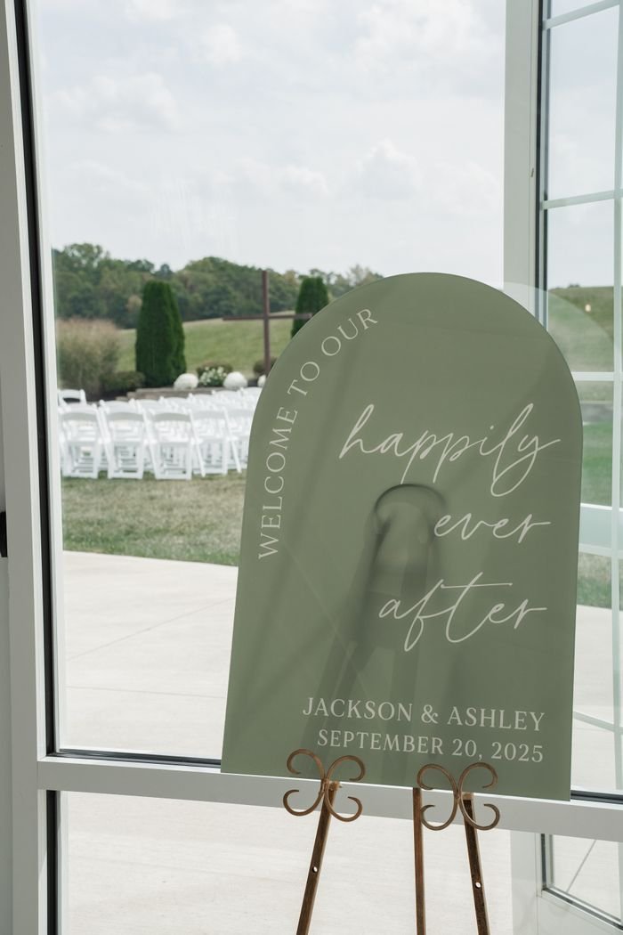 services-04 A stylish welcome sign for Jackson and Ashley's wedding on September 20, 2025, at an outdoor venue.