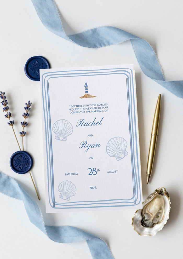 team-03 Beach-themed wedding invitation with seashells and lighthouse accents.